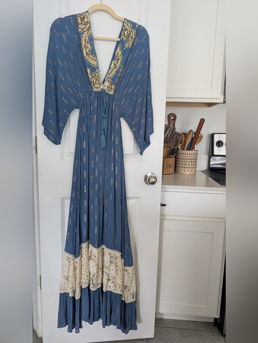 Zury | Bohemian Blue Maxi Dress with Cream Lace Trim